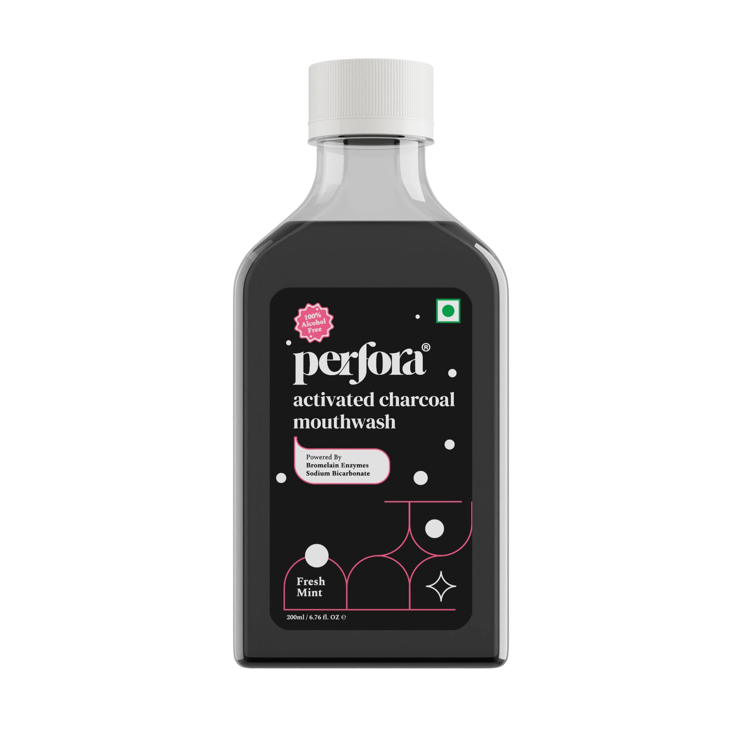 Perfora activated charcoal mouthwash bottle on a white background
