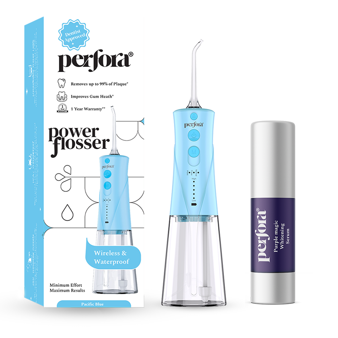 Perfora's blue coloured power flosser with the purple magic teeth whitening serum