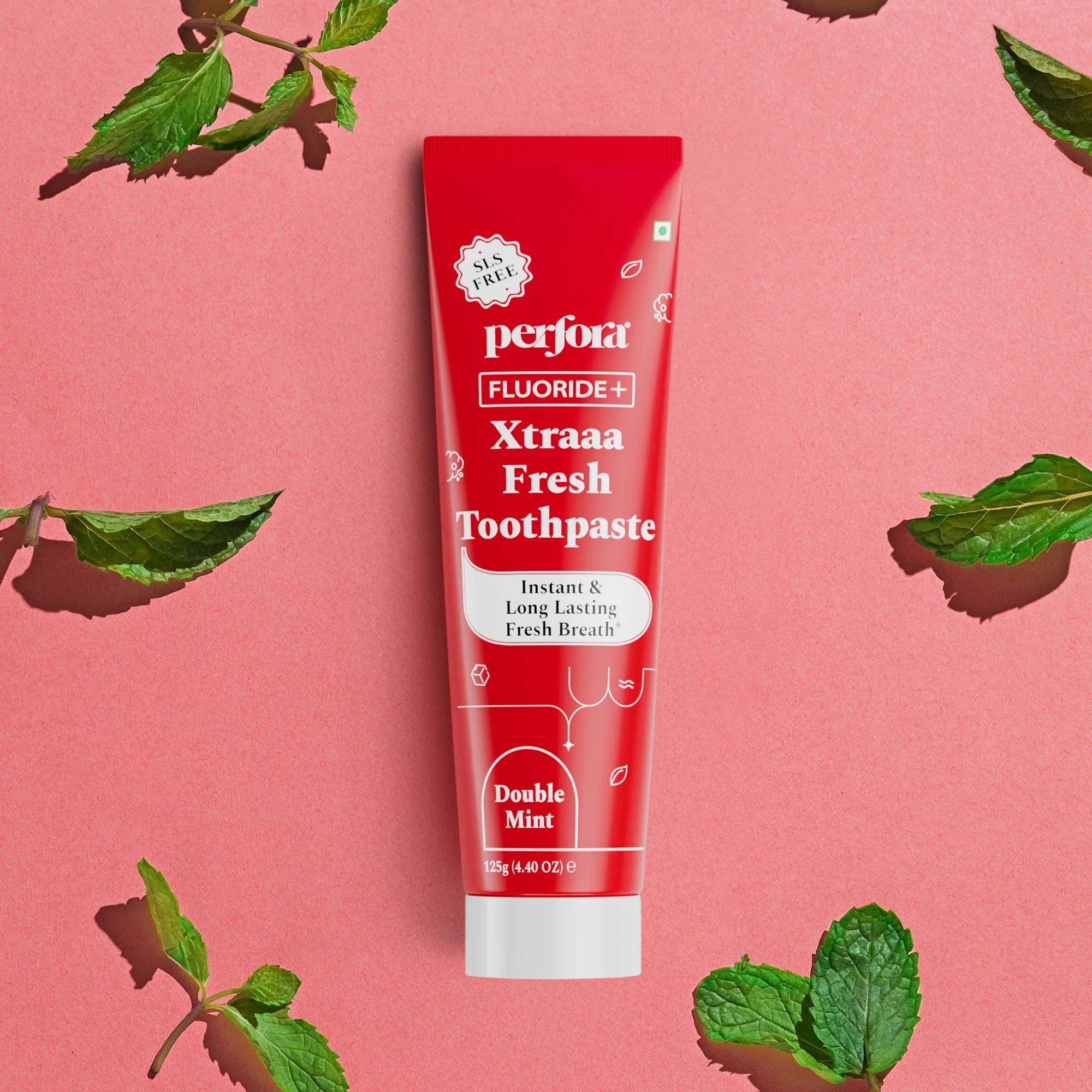 Perfora's flouride range Xtraaa Fresh toothpaste with a pink background