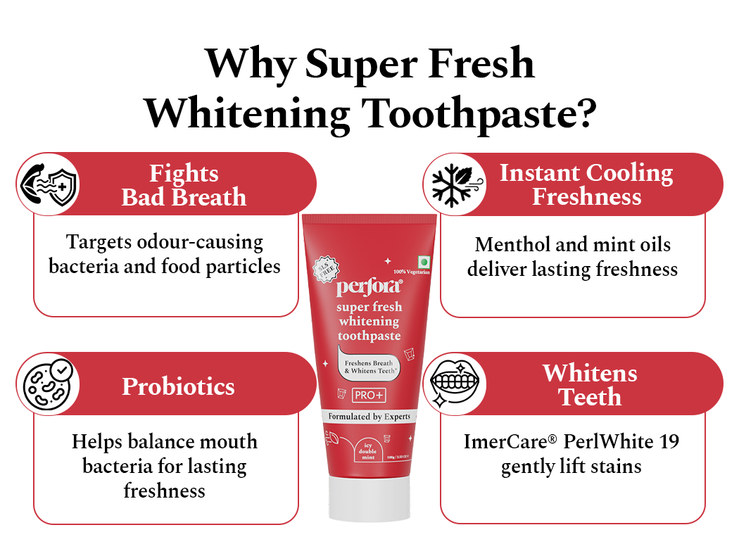 Why Super Fresh Whitening Toothpaste: fights bad breath by targeting odour-causing bacteria and food particles, instant cooling freshness from menthol and mint oils, probiotics that help balance mouth bacteria, and ImerCare PerlWhite 19 to gently lift stains.