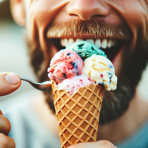 Person experiencing tooth sensitivity while eating ice cream.