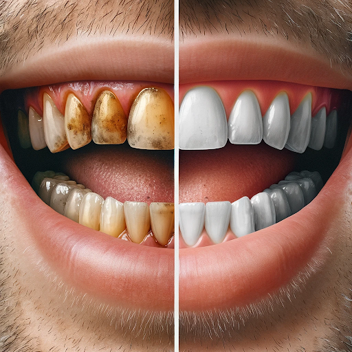 Comparison of two mouths: left with stained teeth, right with white, healthy teeth
