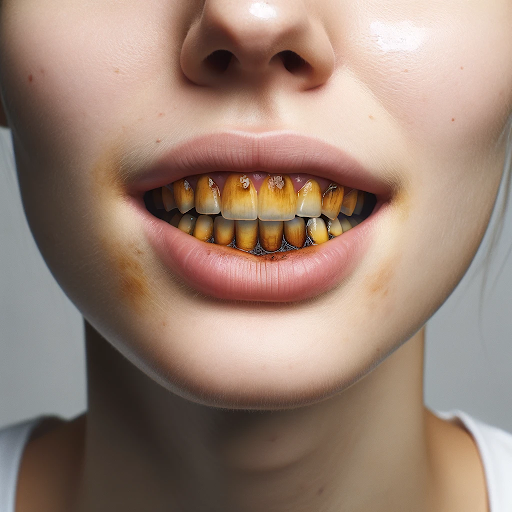 "Person with mouth open, showing tobacco-stained teeth in shades of yellow and brown.