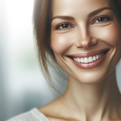 image of a calm and smiling woman with healthy white teeth
