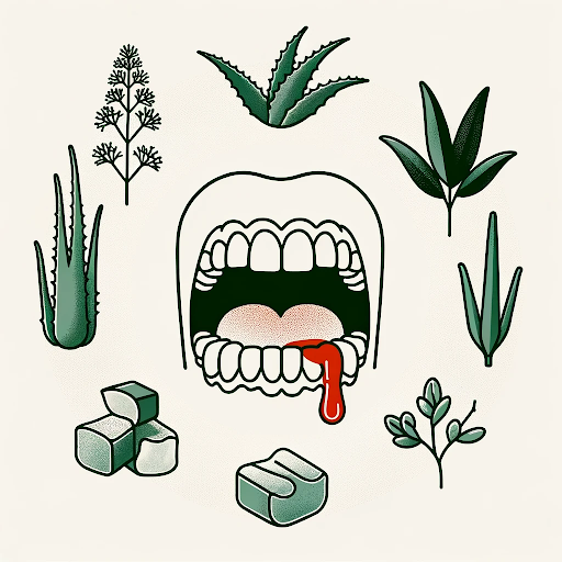  image depicting bleeding gums and a variety of herbs used for gum health