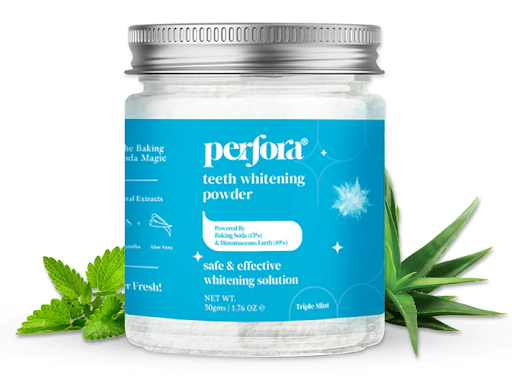 Perfora's safe and effective teeth whitening powder formulated with baking soda