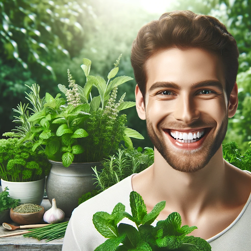 image of a person with a healthy, bright smile, standing in a garden surrounded by various herbs