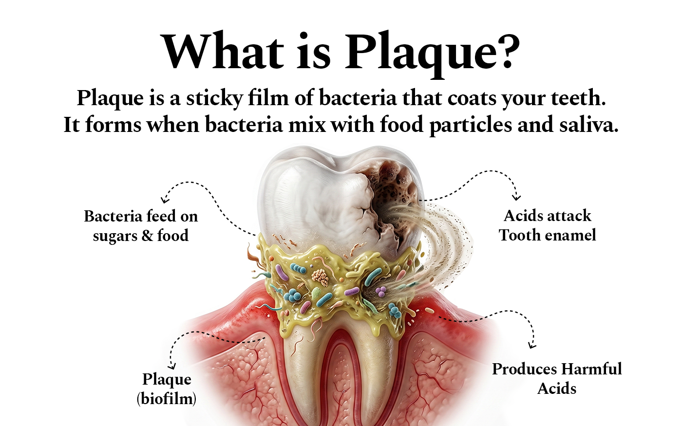 What is plaque? A sticky film of bacteria that coats your teeth, formed when bacteria mix with food particles and saliva - bacteria feed on sugars, acids attack tooth enamel, and the biofilm produces harmful acids.