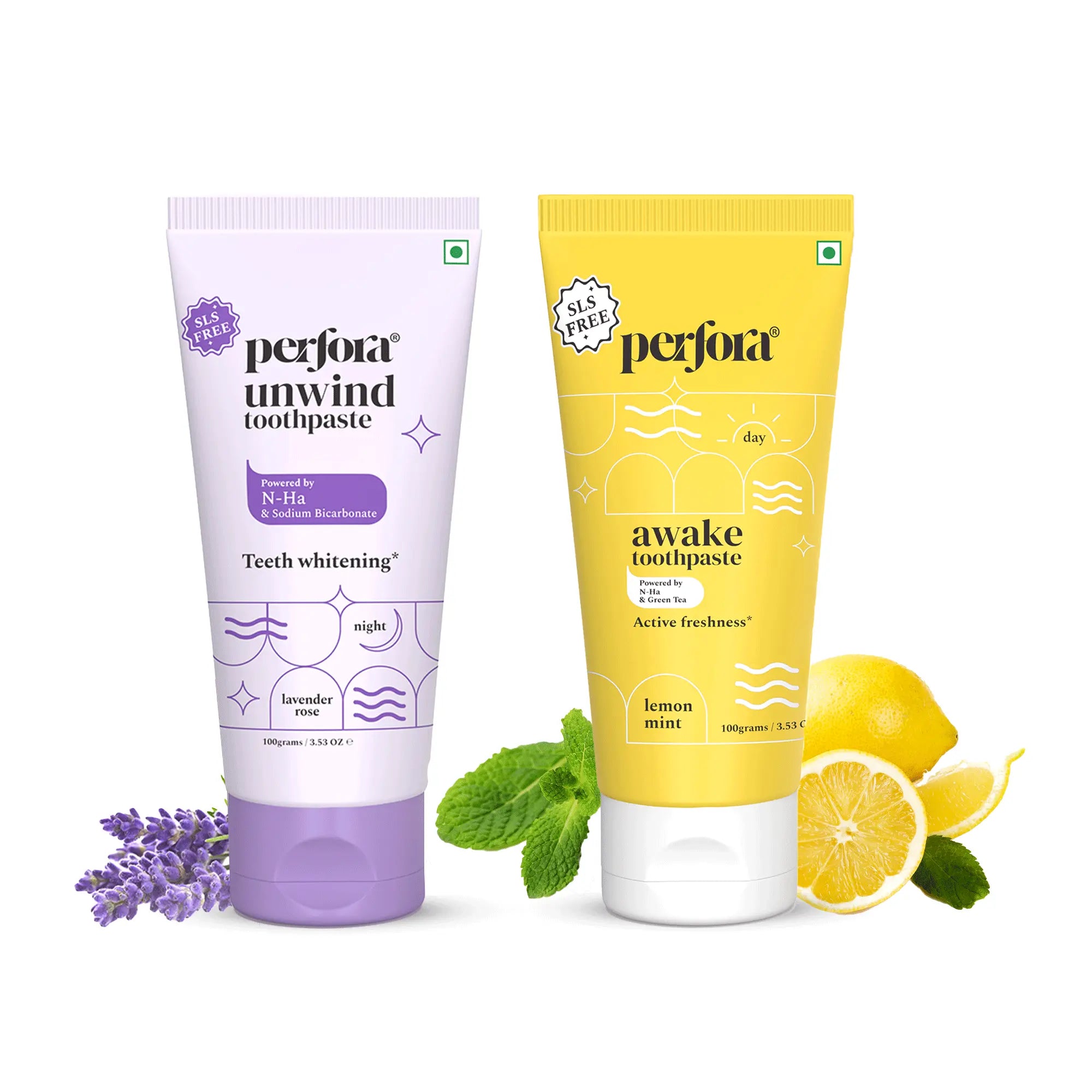 Two tubes of Perfola toothpaste, one labeled 'awake' with a lemon illustration, and the other 'unwind' with mint leaves. Both are set against a white background.