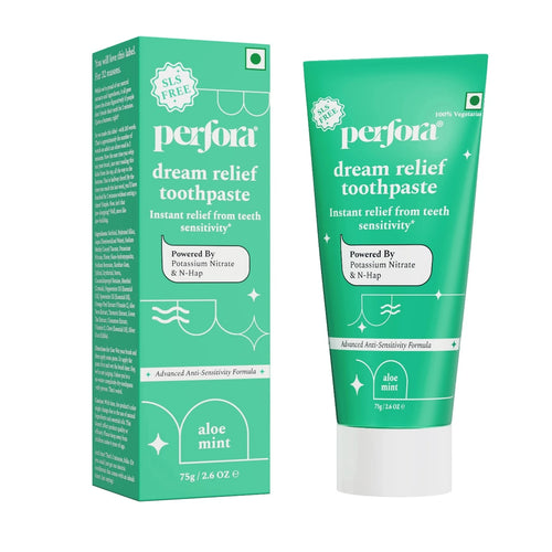 Perfora dream relief toothpaste packaging including box and tube on a white background