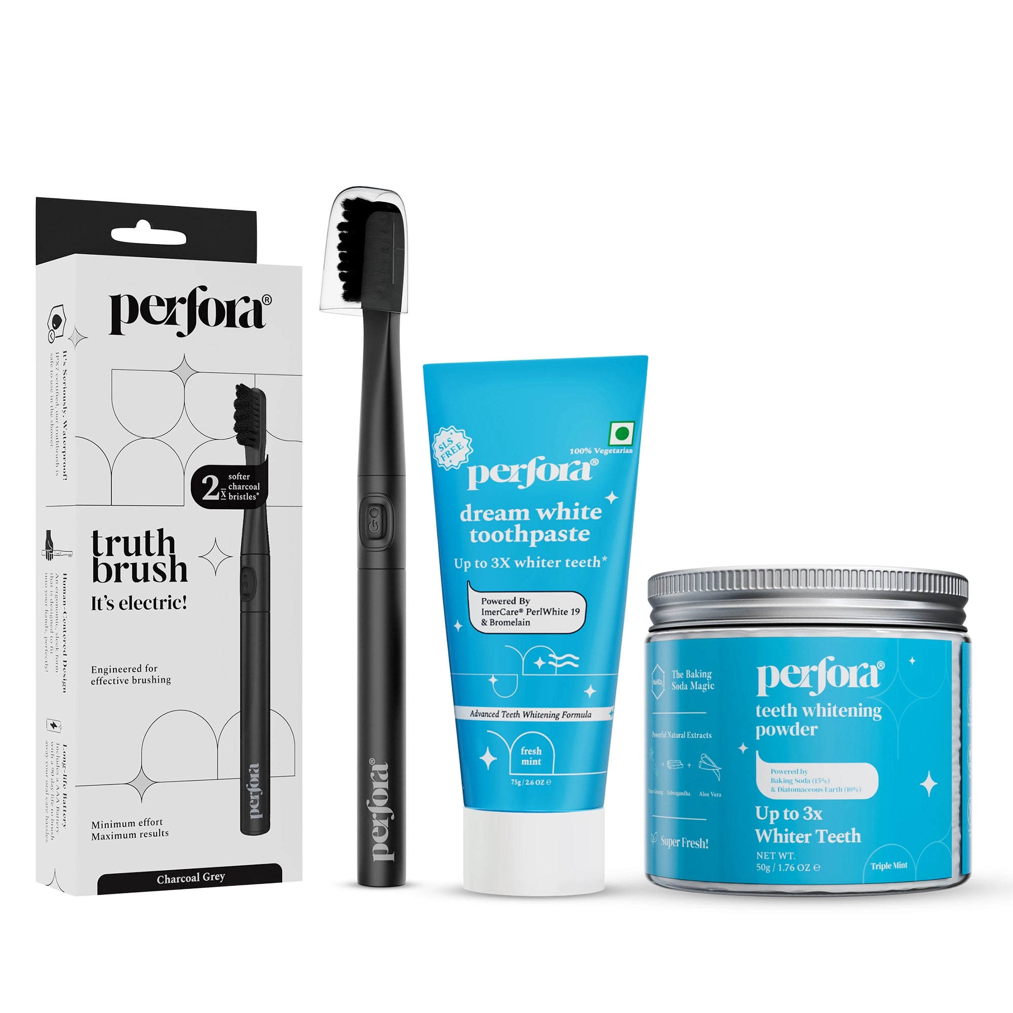 Perfora Teeth Whitening Kit – Electric Brush, Whitening Toothpaste & Teeth Powder Combo
