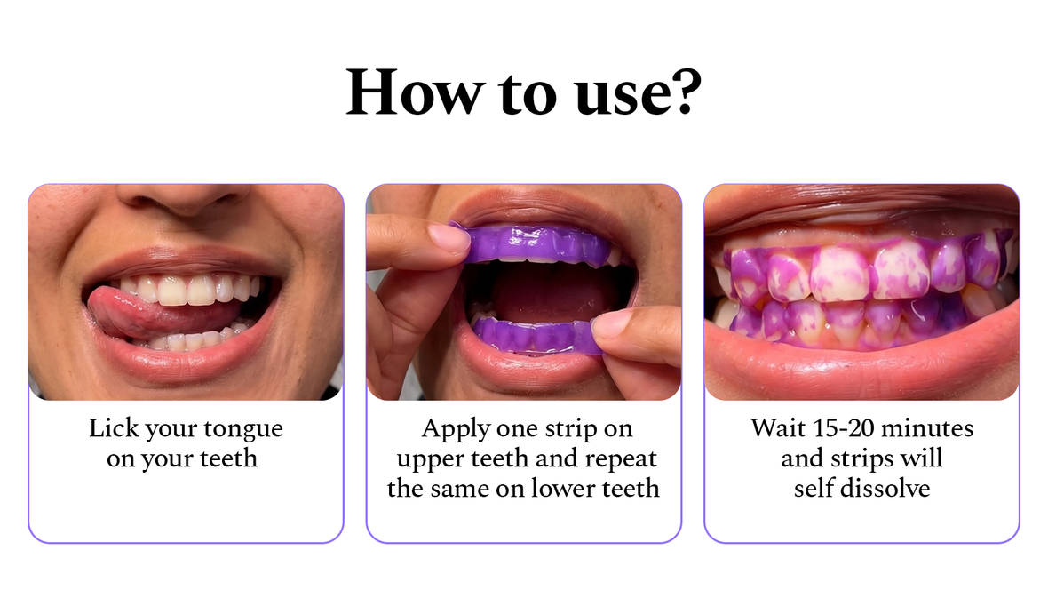 How to use, in 6 steps: remove the strip with dry hands, wet teeth with your tongue, apply to upper or lower teeth avoiding the gumline, fold the excess behind your teeth, wait for the strip to dissolve, then repeat on the other side.