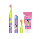 A set of children's oral care products including a green and purple electric toothbrush handle with brush heads and a toothpaste tube with 'Bubblegum Blast' flavor, packaged with a pink and white brush cover.