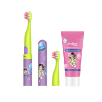 A set of children's oral care products including a green and purple electric toothbrush handle with brush heads and a toothpaste tube with 'Bubblegum Blast' flavor, packaged with a pink and white brush cover.