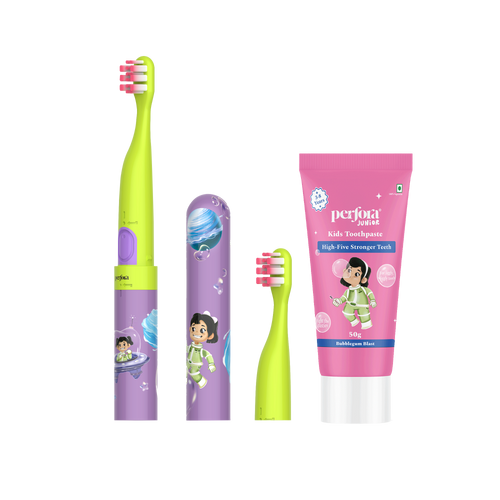 A set of children's oral care products including a green and purple electric toothbrush handle with brush heads and a toothpaste tube with 'Bubblegum Blast' flavor, packaged with a pink and white brush cover.