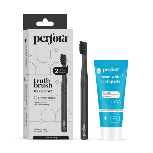 A set of Perfora branded personal care products including an electric toothbrush and toothpaste, packaged in a black and white box with product displays.