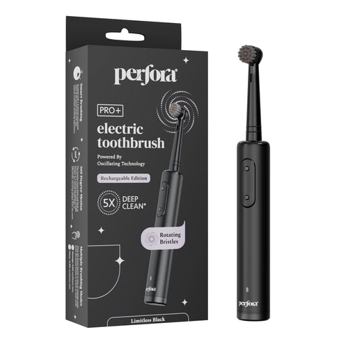 Perfora's Oscillating electric toothbrush in black with packaging displaying 'Perfora' branding on a white background.