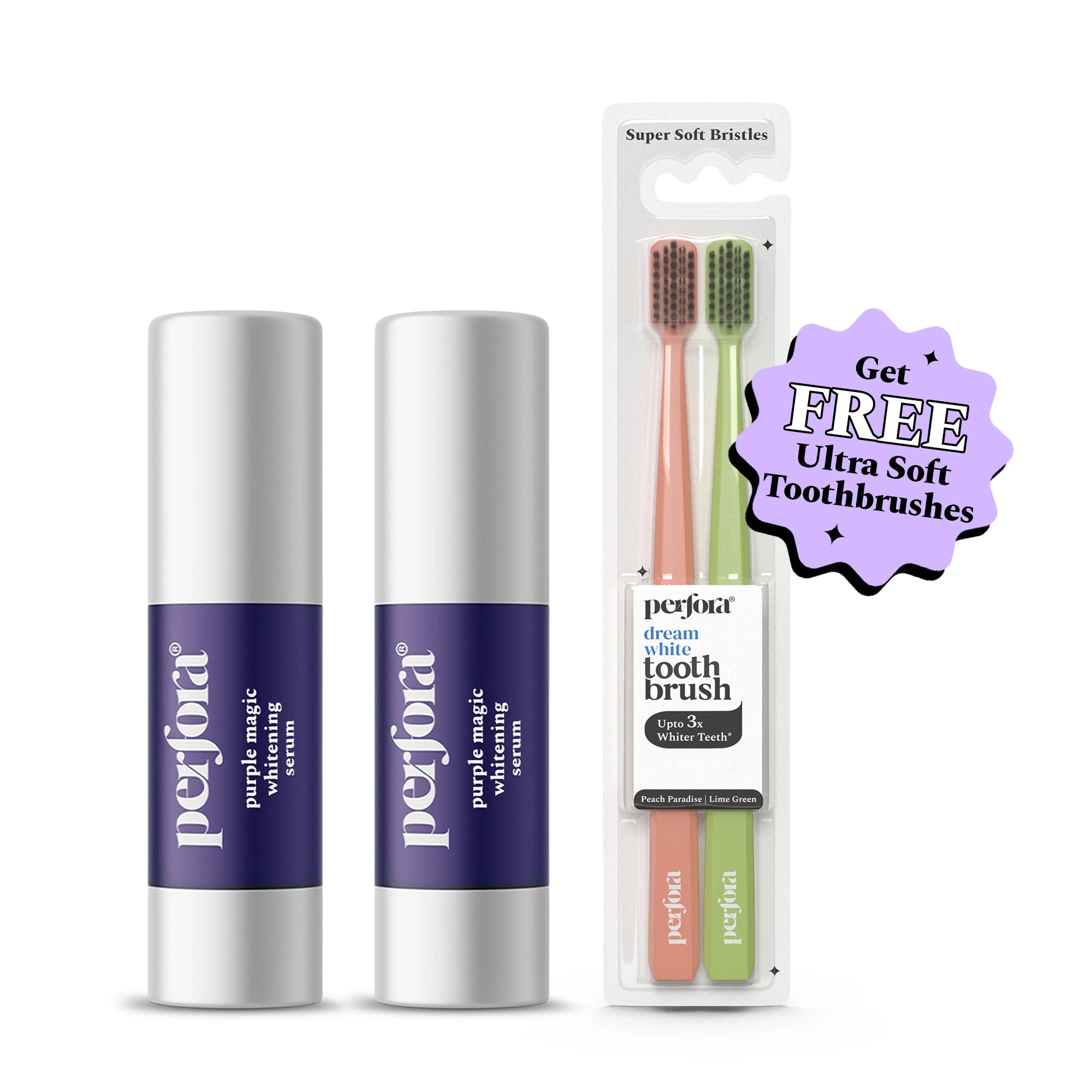 2 Free Soft Bristles Toothbrushes with Purple Magic Whitening Serum