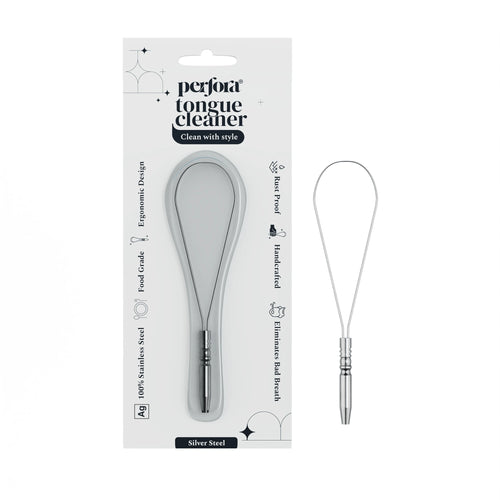 Perfora's silver tongue cleaner with packaging on a white background