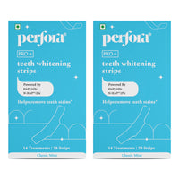 Two packages of Perfora teeth whitening strips on a white background