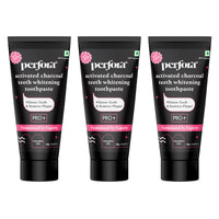 Three tubes of Perfora brand's activated charcoal teeth whitening toothpaste. The toothpaste is promoted as free from SLS, Sodium Saccharin & Titanium Dioxide.