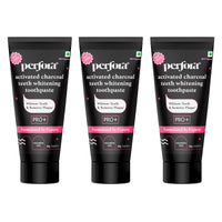 Three tubes of Perfora brand's activated charcoal teeth whitening toothpaste. The toothpaste is promoted as free from SLS, Sodium Saccharin & Titanium Dioxide.