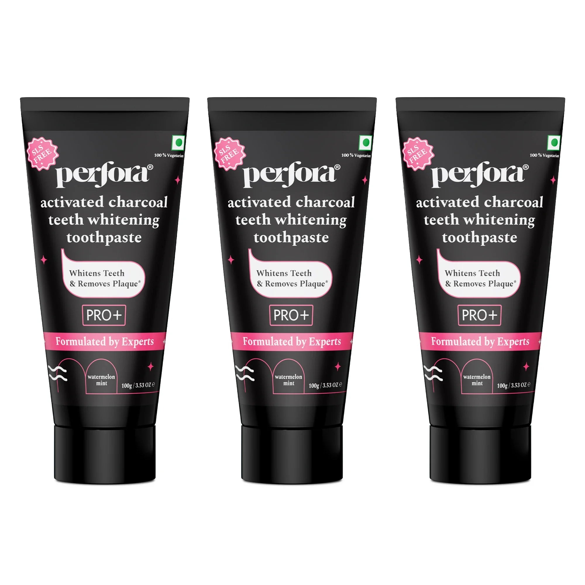 Three tubes of Perfora brand's activated charcoal teeth whitening toothpaste. The toothpaste is promoted as free from SLS, Sodium Saccharin & Titanium Dioxide.