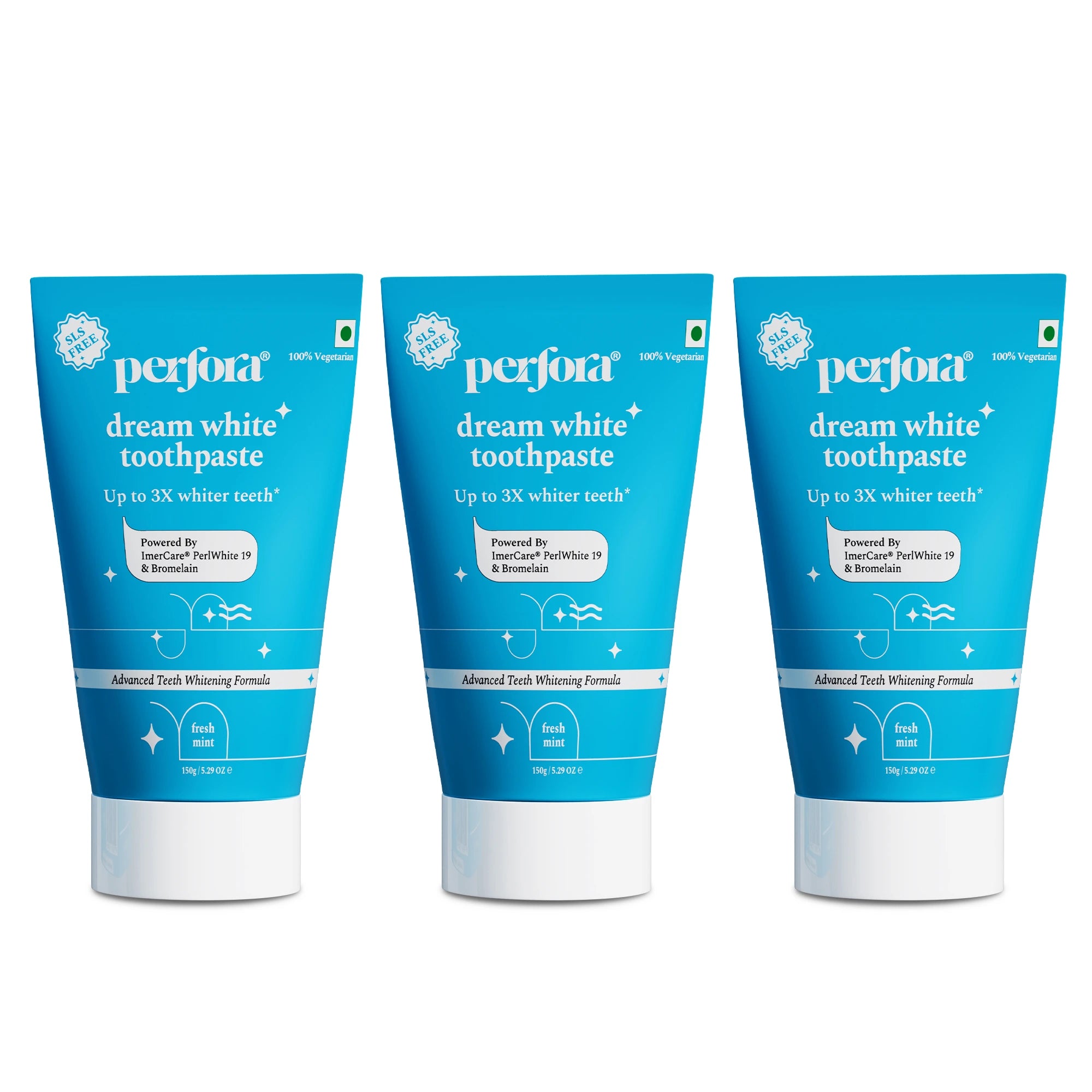 Three tubes of Perfora's Dream White - Teeth Whitening Toothpaste with information indicating the product helps achieve whiter teeth, based on a study published in CTMI.