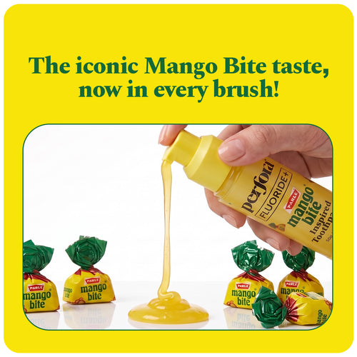 Mango Bite toothpaste being pumped from the bottle next to Parle Mango Bite candies