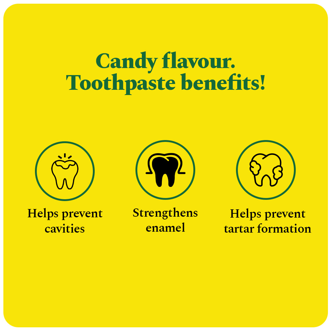 Candy flavour, toothpaste benefits: helps prevent cavities, strengthens enamel, helps prevent tartar formation