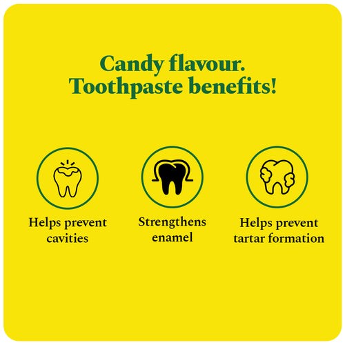 Candy flavour, toothpaste benefits: helps prevent cavities, strengthens enamel, helps prevent tartar formation