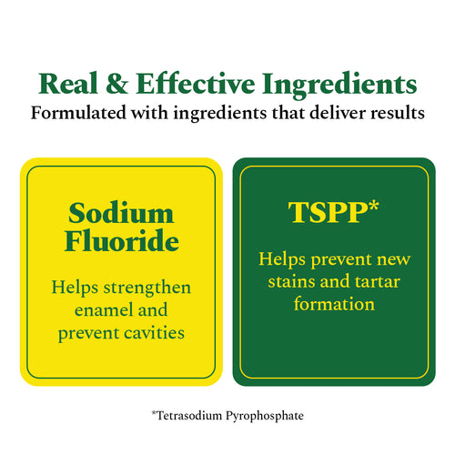 Real and effective ingredients: Sodium Fluoride and TSPP (Tetrasodium Pyrophosphate)