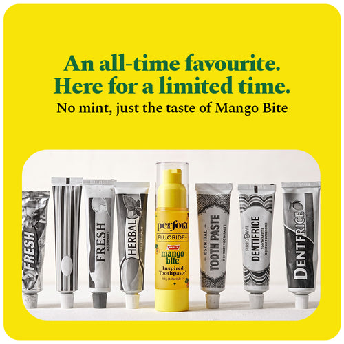 Mango Bite Inspired Toothpaste standing among classic toothpaste tubes: an all-time favourite, here for a limited time