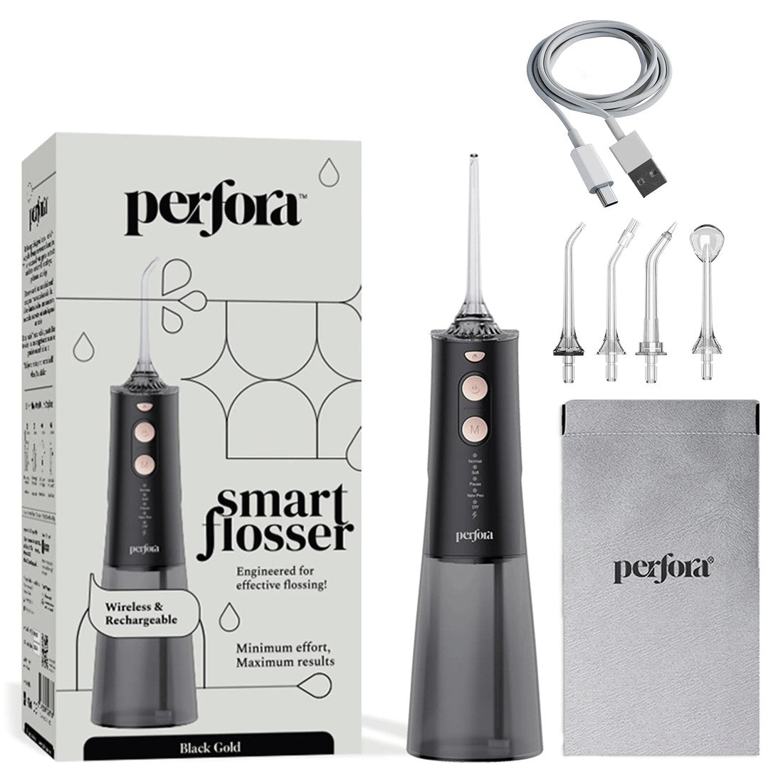 Perfora Smart Dental Flosser Black Gold — box, flosser, USB-C cable, 5 nozzles and travel pouch