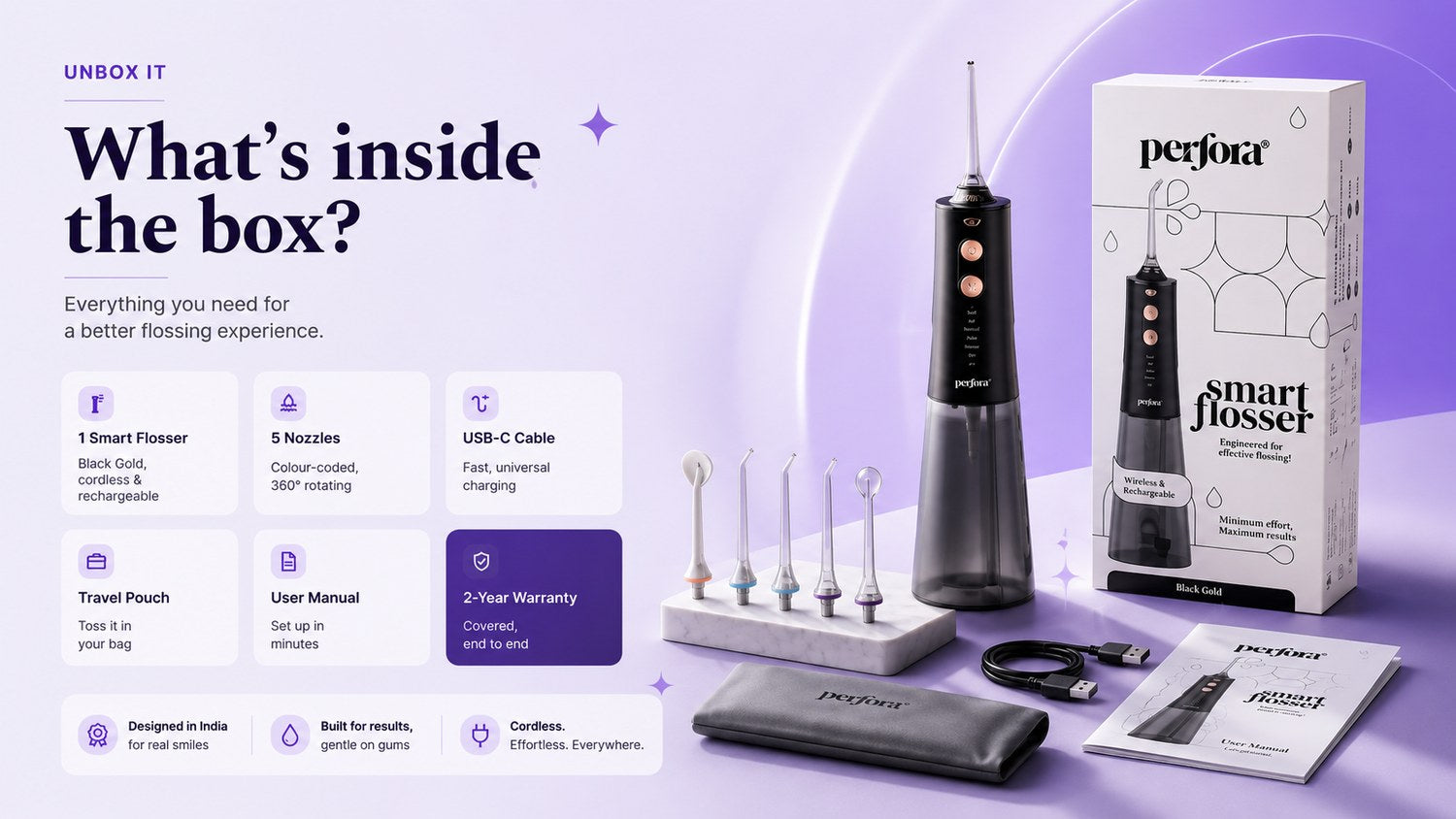 What's inside the box — 1 Smart Flosser (Black Gold), 5 colour-coded 360° nozzles, USB-C cable, travel pouch, user manual and a 2-year warranty