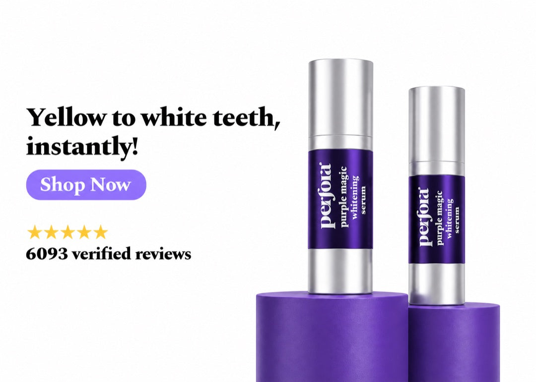 Yellow to white teeth, instantly — Perfora Purple Magic Whitening Serum. Shop now.